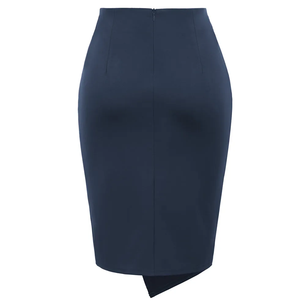 Solid Color Asymmetrical Wrap Front Stretchy Bodycon Pencil Skirt