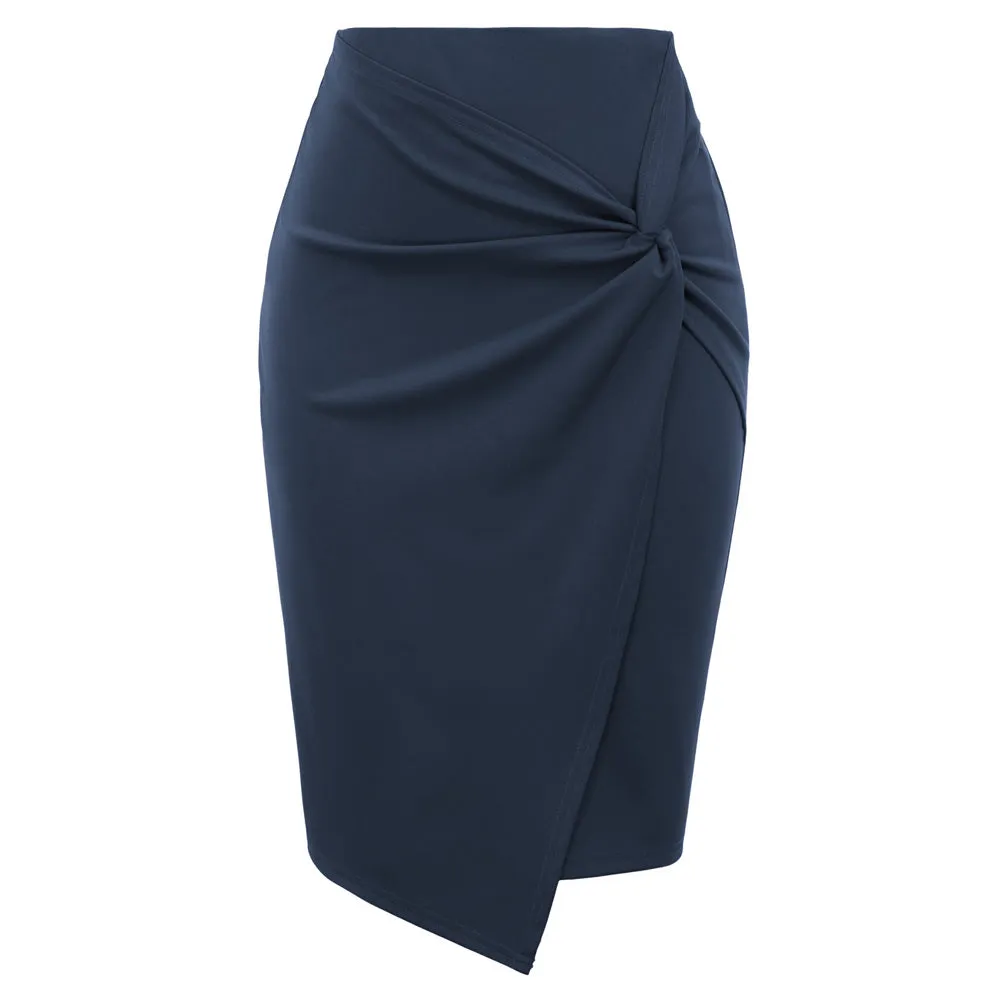 Solid Color Asymmetrical Wrap Front Stretchy Bodycon Pencil Skirt