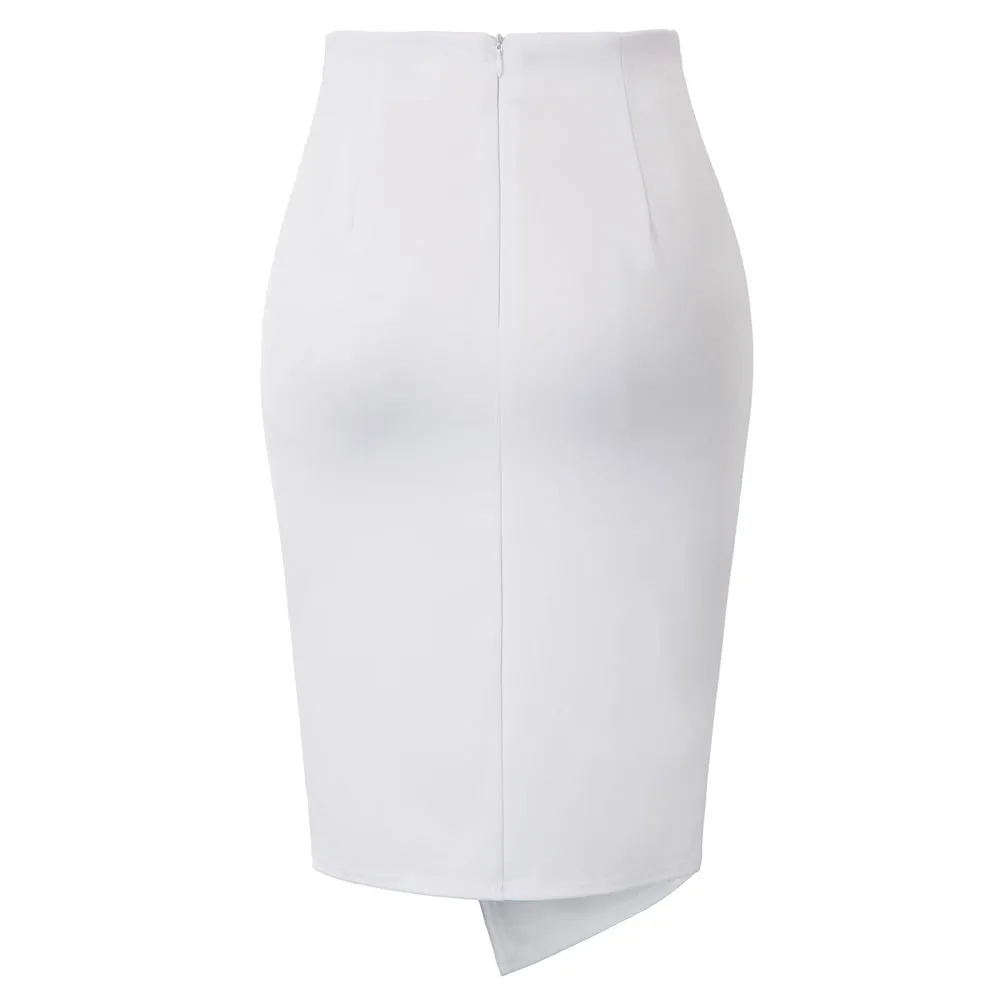 Solid Color Asymmetrical Wrap Front Stretchy Bodycon Pencil Skirt