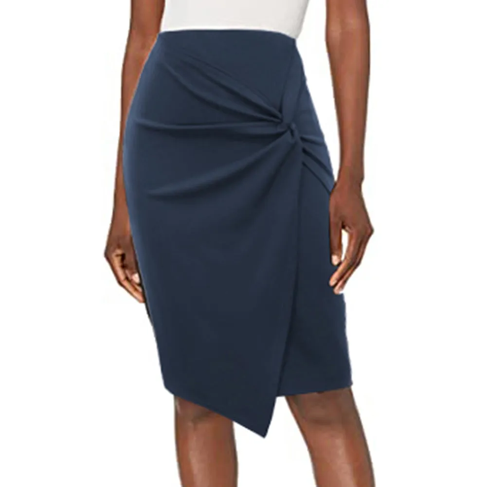 Solid Color Asymmetrical Wrap Front Stretchy Bodycon Pencil Skirt