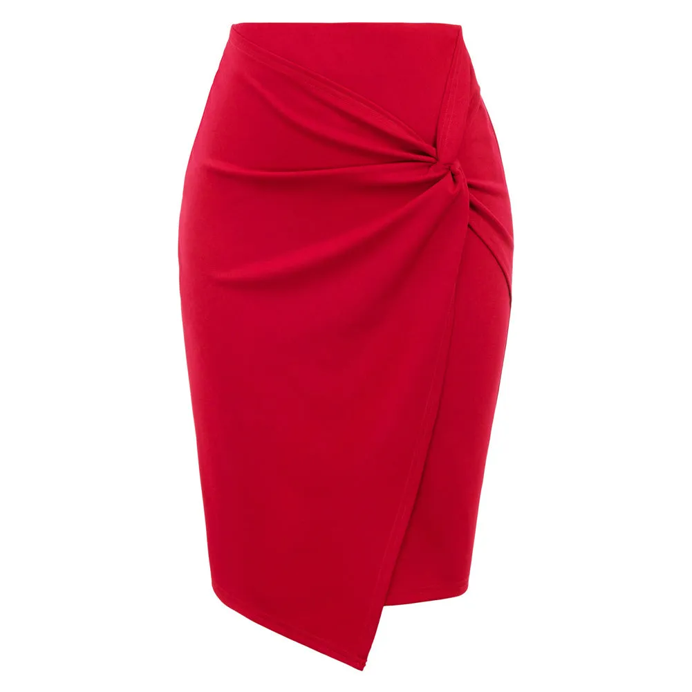 Solid Color Asymmetrical Wrap Front Stretchy Bodycon Pencil Skirt