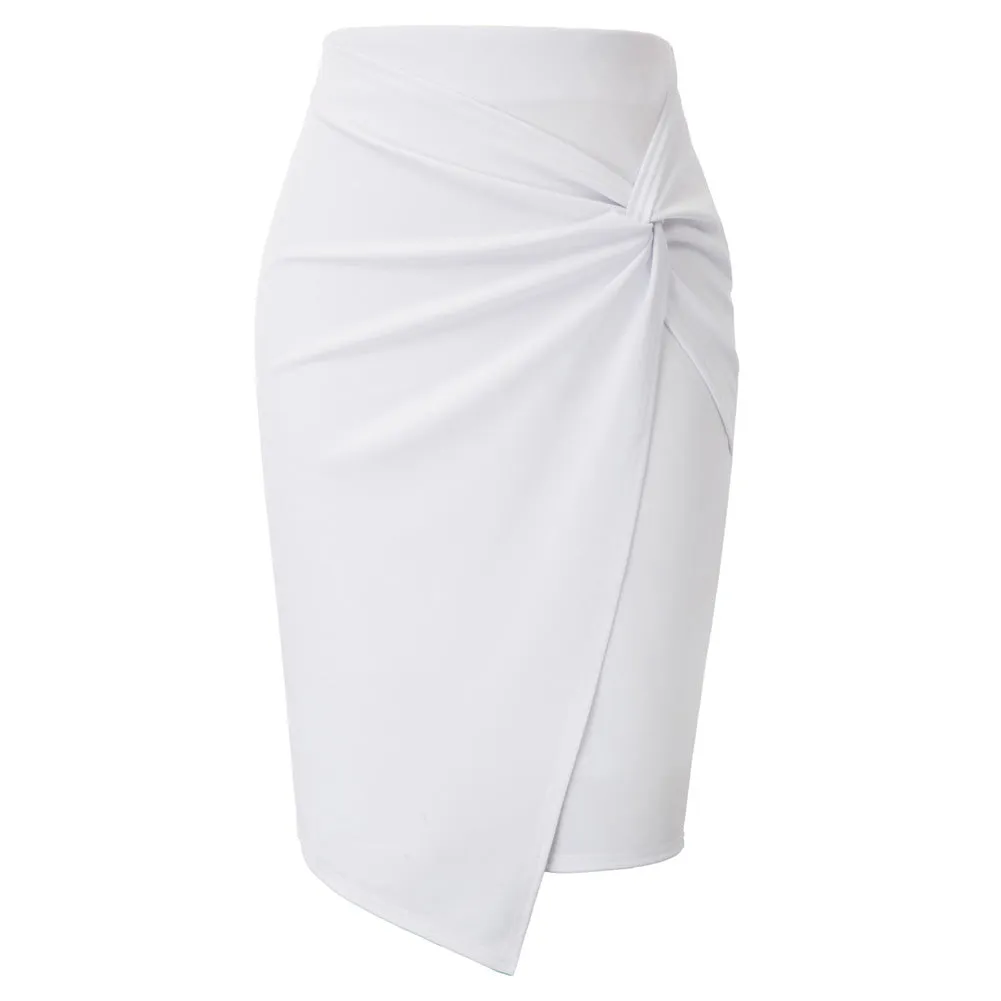 Solid Color Asymmetrical Wrap Front Stretchy Bodycon Pencil Skirt