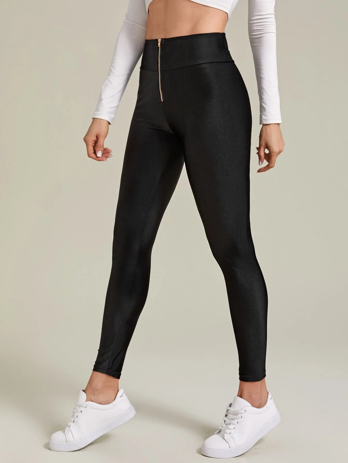 Sporty Plain Zipper Cropped Women Leggings