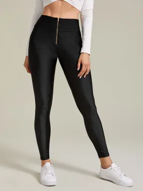 Sporty Plain Zipper Cropped Women Leggings