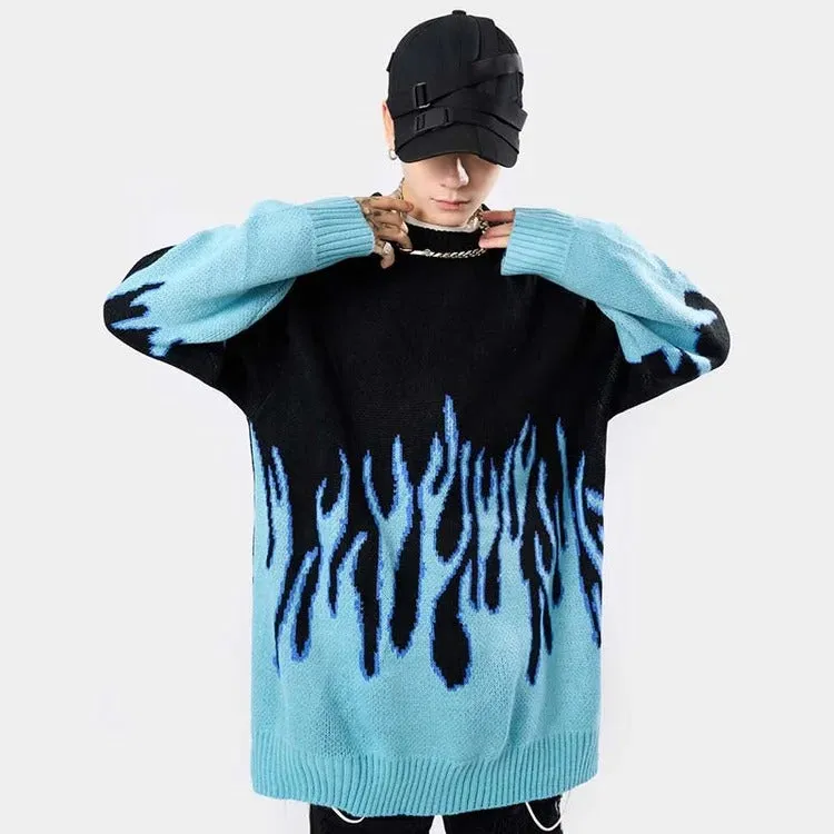 Streetwear Couple Flame Pullover Sweater - Ignite Your Style