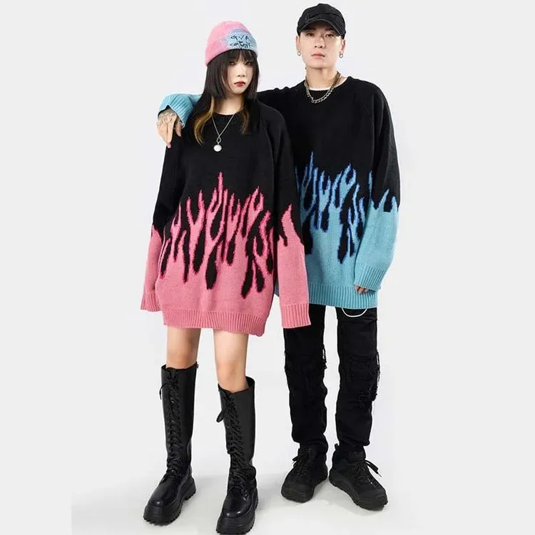 Streetwear Couple Flame Pullover Sweater - Ignite Your Style