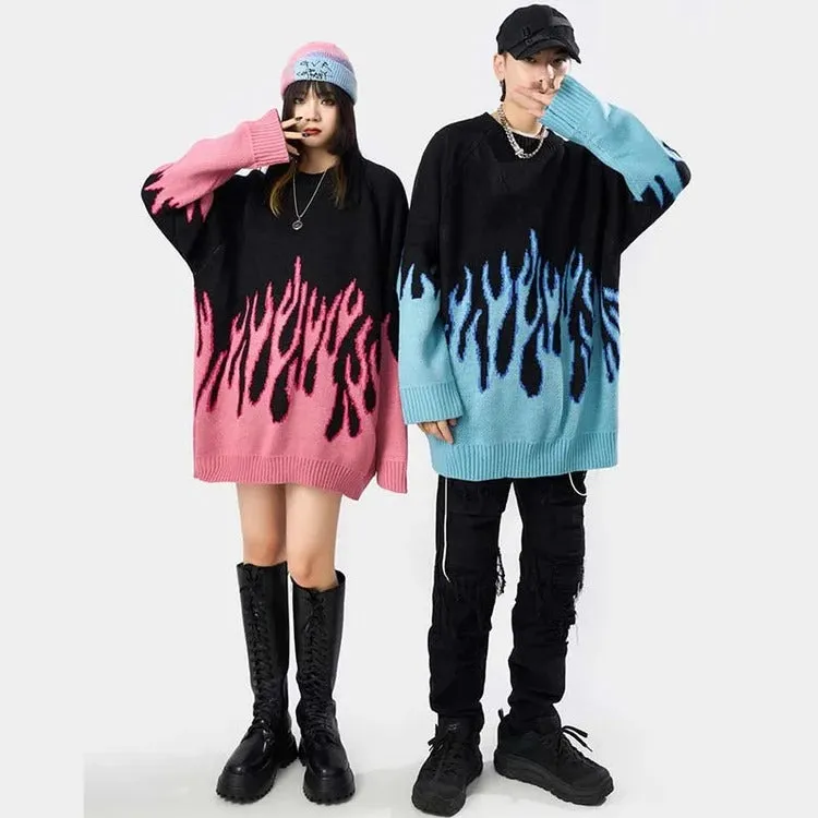 Streetwear Couple Flame Pullover Sweater - Ignite Your Style