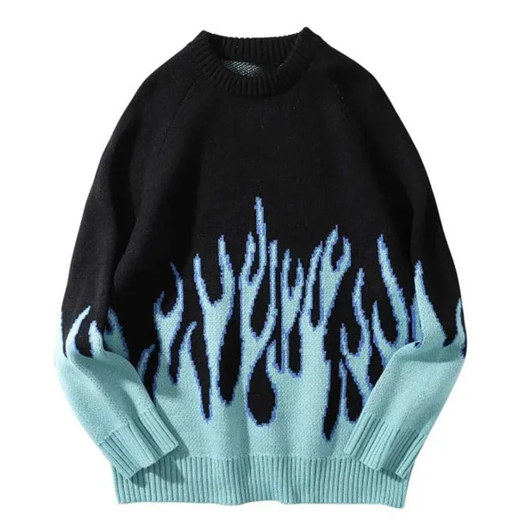 Streetwear Couple Flame Pullover Sweater - Ignite Your Style