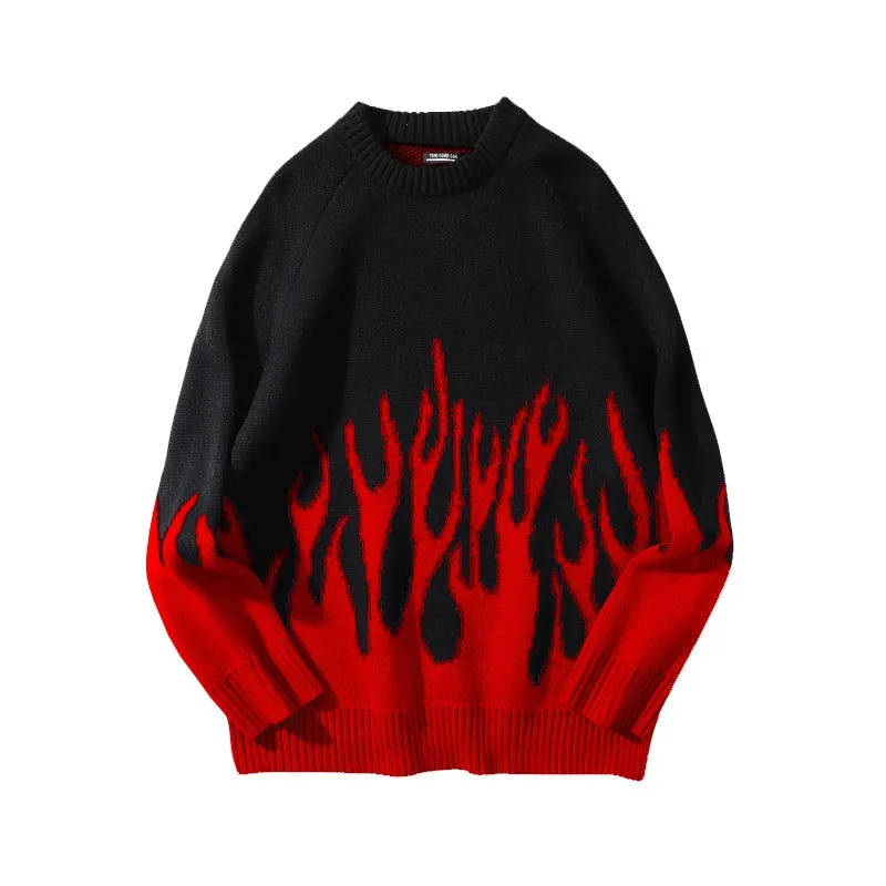 Streetwear Couple Flame Pullover Sweater - Ignite Your Style