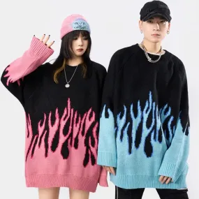 Streetwear Couple Flame Pullover Sweater - Ignite Your Style