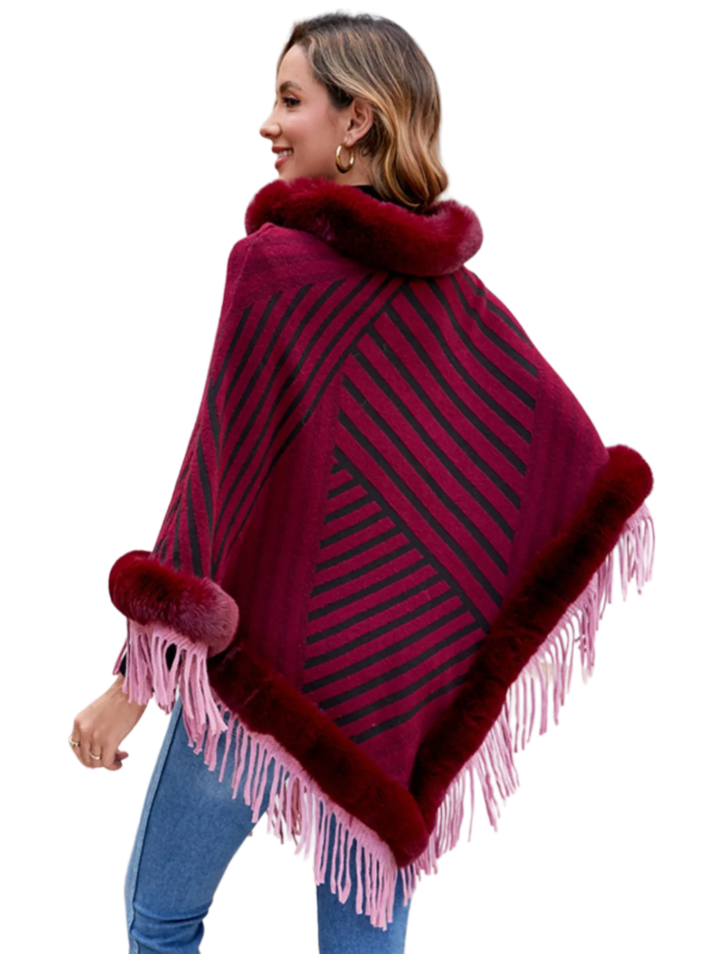 Striped Fringe Hem Poncho