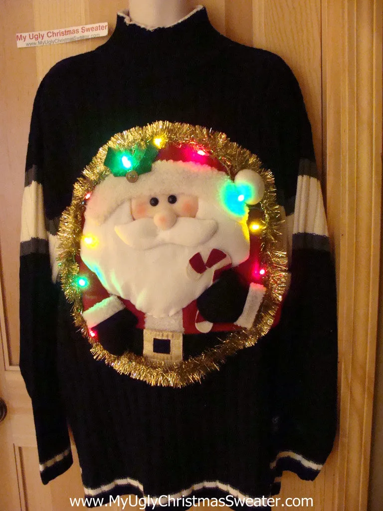 Tacky 3D Ugly Christmas Sweater Mens XXXL Puffy Santa with Lights and Fringe (A25)