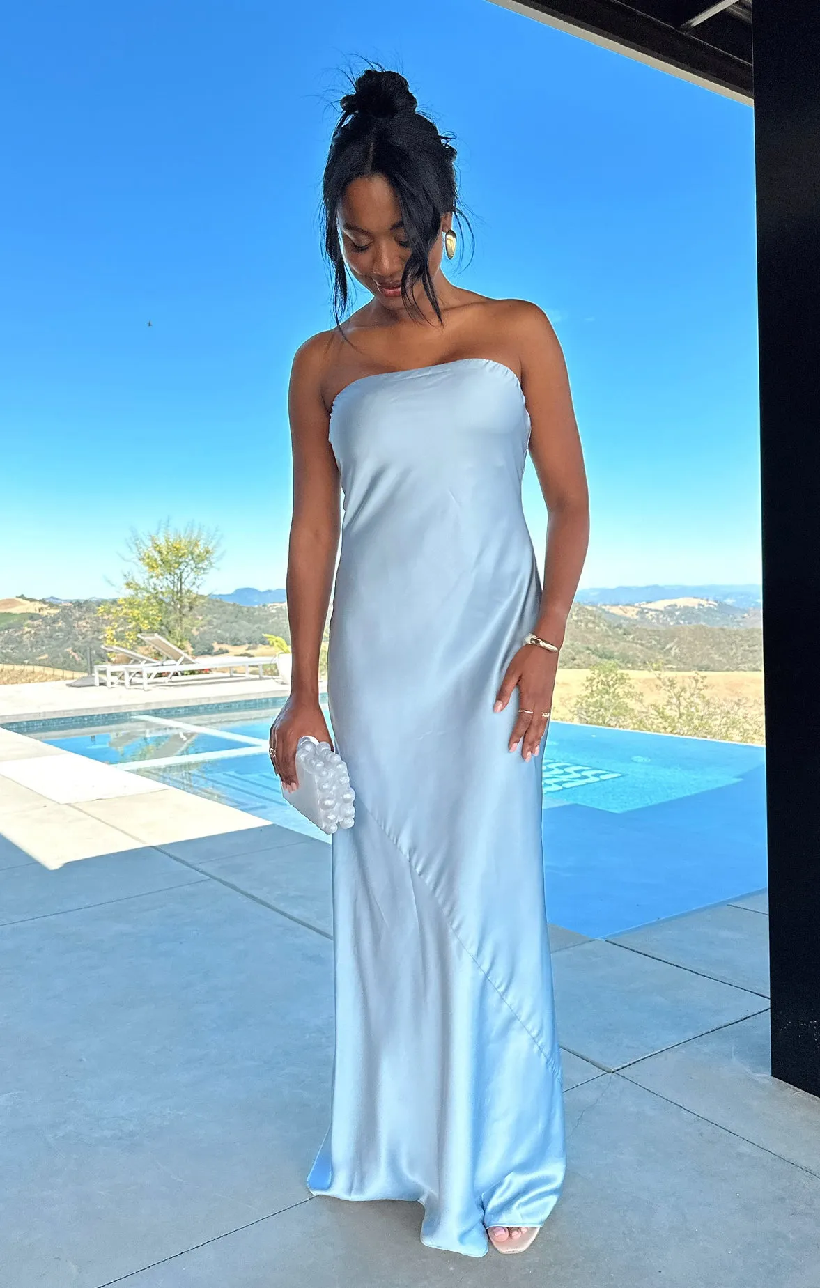 Taylor Tube Maxi Dress ~ Steel Blue Luxe Satin