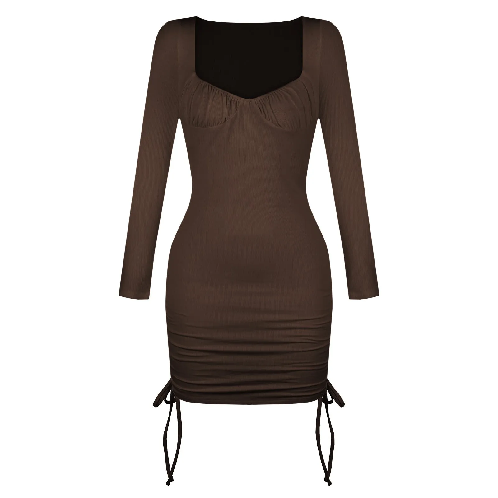 Thread Tight Drawstring Dress Strip Wrap Hip Sexy Square Collar Strappy Ribbing Dress