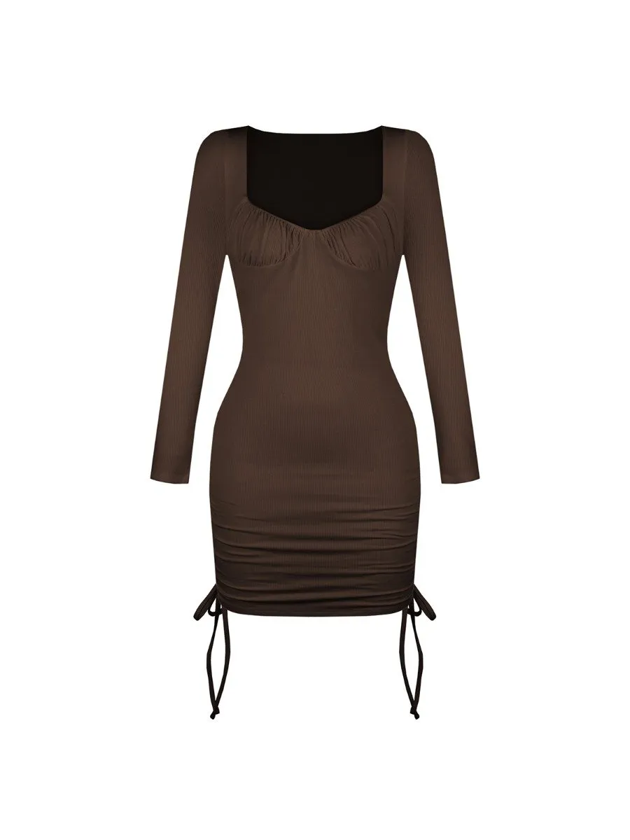 Thread Tight Drawstring Dress Strip Wrap Hip Sexy Square Collar Strappy Ribbing Dress