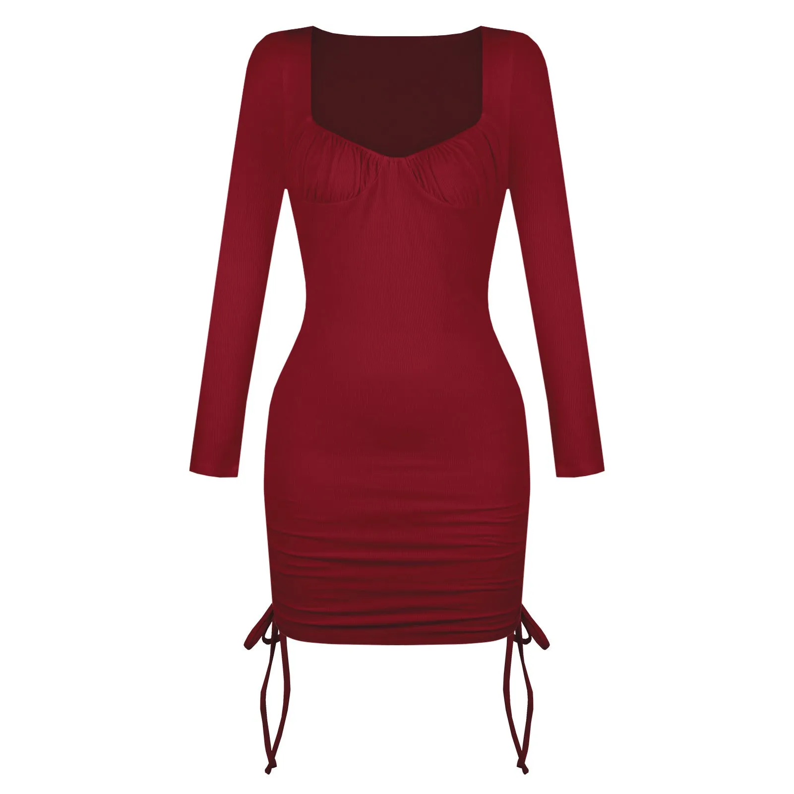 Thread Tight Drawstring Dress Strip Wrap Hip Sexy Square Collar Strappy Ribbing Dress