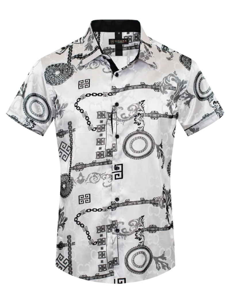 White Men's Graphic Design Short Sleeves Shiny Shirt Satin Material