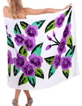 White Non-Sheer Hand Painted Prumeria Flower Beach Wrap For Women