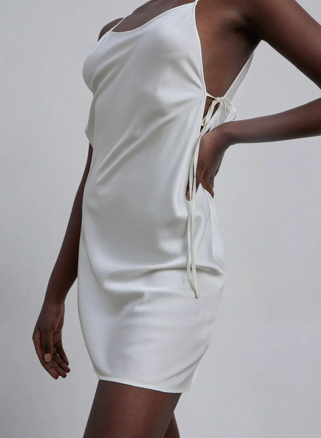 White Side Tie Silky Slip Dress