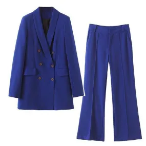 Women Pants Suit, Double Breast Suit, High Waist, Blue