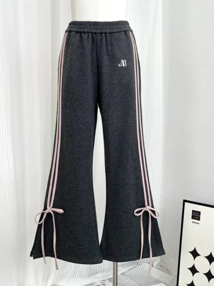 Women Y2k Fashion Bow Slit High Waist Track Streetwear Pants