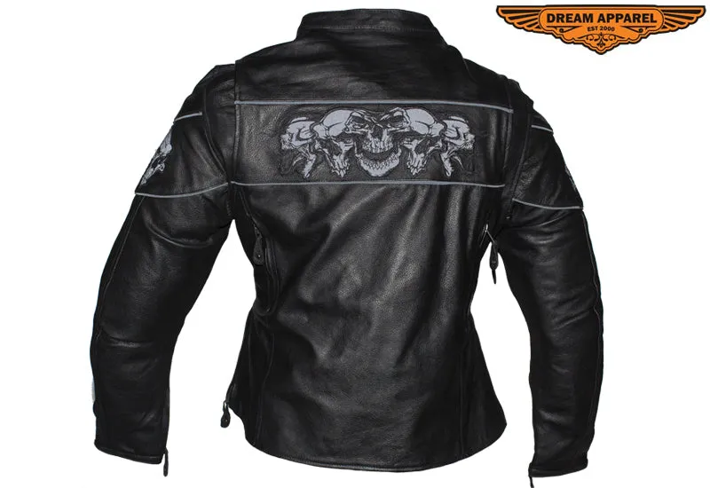 Womens Leather Motorcycle Jacket With Reflective Skulls