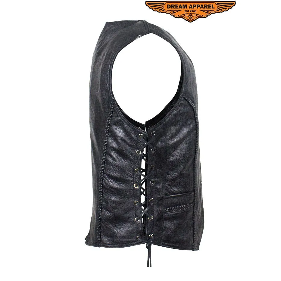 Womens Long Motorcycle Vest With Braid