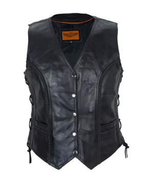 Womens Motorcycle Vest With Braid and Side Laces Conceal Gun Pockets