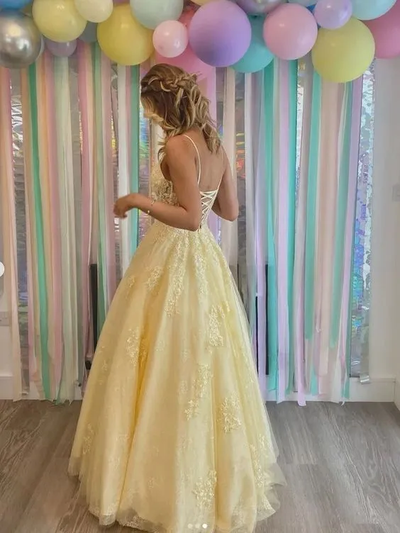 Yellow A line tulle lace long prom dress yellow tulle long party dress     fg2905